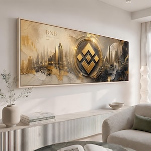 May include: A rectangular wall art piece featuring a gold and black cityscape with the BNB Binance Coin logo prominently displayed in the center. The artwork incorporates abstract textures and metallic gold accents against a dark background.