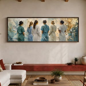 May include: A panoramic wall art print featuring six healthcare professionals in scrubs and lab coats, viewed from behind. The figures are set against an abstract, textured background with gold leaf accents and soft blue and white brushstrokes.
