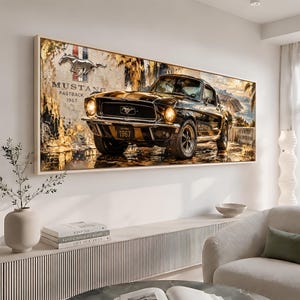 May include: A rectangular wall art print featuring a black 1967 Ford Mustang Fastback. The background displays a weathered texture with the Mustang logo and text reading MUSTANG FASTBACK 1967. The car is depicted in a coastal setting with golden lighting.