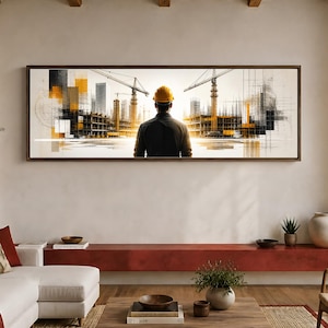 May include: A panoramic wall art print featuring a construction site with a person wearing a yellow hard hat standing in the foreground. The scene includes architectural sketches, cranes, and building structures in shades of black, white, and yellow.