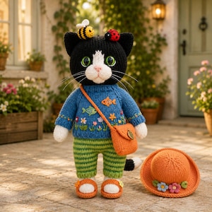 Peut inclure: Une poupée chat crochetée noire et blanche portant un pull bleu brodé de poissons et de fleurs, un pantalon rayé vert et des sandales orange. Le chat a une abeille et une coccinelle sur la tête, porte un sac bandoulière orange et un chapeau assorti.