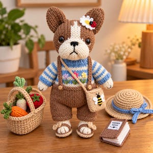 May include: A crocheted French bulldog plush toy wearing a blue and white striped sweater with floral embroidery, brown overalls, and a small crossbody bag with a bee motif. It has a white daisy and ladybug on its ear and wears sandals.