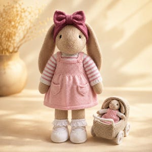 May include: A knitted beige rabbit doll wearing a pink pinafore dress over a pink and white striped long-sleeve shirt, a dark pink bow headband, and white shoes with lace trim. Beside it sits a smaller knitted rabbit in a beige knitted pram.