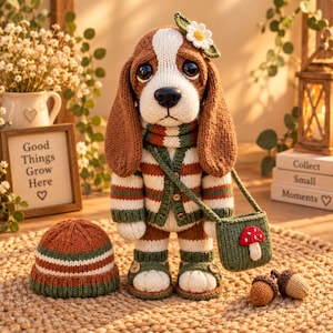Puede incluir: Una muñeca de basset hound tejida a ganchillo con un suéter, bufanda y sandalias a rayas, adornada con un accesorio de margarita blanca. La muñeca lleva un bolso cruzado verde con un motivo de seta, junto a un gorro a juego y dos bellotas.