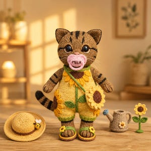 Puede incluir: Un peluche de gato atigrado marrón con un peto amarillo con motivos de girasoles, un bolso bandolera de girasol a juego y sandalias verdes. El gato tiene un chupete rosa con la palabra MILK impresa. Incluye un sombrero amarillo con una abeja.