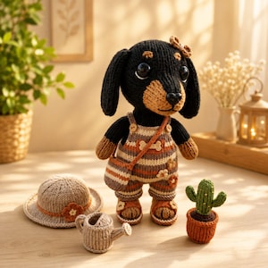 May include: A black and tan crocheted dachshund plush toy wearing striped overalls with a bone detail, a matching crossbody bag, and sandals. Accessories include a beige crocheted sun hat with a flower, a small watering can, and a potted cactus.