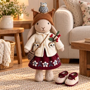 Puede incluir: Una muñeca de conejo tejida que lleva un sombrero marrón con un pequeño búho gris encima, un cárdigan color crema con dos bolsillos de búho y una falda roja oscura con un patrón floral blanco. Un pequeño bolso de piña y zapatos a juego.