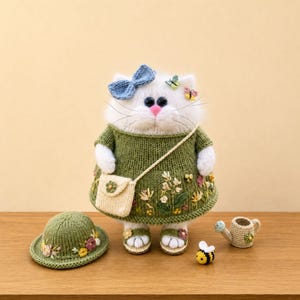Peut inclure: Une poupée chat crochetée blanche portant une robe verte avec des broderies florales, un nœud bleu et un sac en bandoulière crème. Le chat porte des sandales et est accompagné d'un chapeau vert assorti, d'une petite abeille et d'un arrosoir.