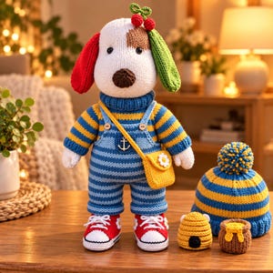 May include: A knitted plush dog toy with a white head, one red ear, one green ear, and a brown patch. It wears a blue and yellow striped jumper, blue striped dungarees with an anchor emblem, a yellow crossbody bag, and red trainers.