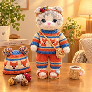 Puede incluir: Una muñeca de gato tejida a ganchillo con un suéter a rayas con motivos de zorros, pantalones naranjas y sandalias, acompañada de un gorro a juego con dos pompones, un pequeño bolso bandolera beige, una taza beige y tres juguetes tejidos.