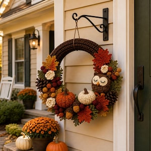 May include: A circular crochet wreath featuring a dark brown base adorned with autumn-themed elements including orange and cream pumpkins, red and yellow maple leaves, small cream flowers, brown acorns, pinecones, and a central brown owl figure.