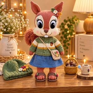 May include: A knitted squirrel doll with large black eyes, wearing a green and yellow striped sweater, a blue skirt, and brown sandals. The doll has a small beige crossbody bag with floral details, a flower on its head, and a fluffy tail.
