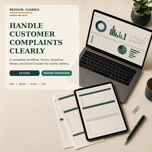 Könnte beinhalten: Ein digitales Produktangebot mit einem Laptop, der Datencharts anzeigt, einem Tablet mit einer Aufgabenliste und einem Stift. Der Text lautet: RESOLVE, CLEARLY. THOUGHT AND TACTIC. HANDLE CUSTOMER COMPLAINTS CLEARLY. A complete workflow, forms, response library and Excel tracker for online sellers. 16 FILES. INSTANT DOWNLOAD. PDF, DOCX, XLSX, TXT.