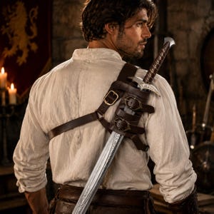 May include: A longsword with a silver-toned blade and an ornate crossguard, secured in a dark brown leather scabbard. The scabbard is attached to a complex leather harness system featuring multiple brass-coloured buckles worn across the back.
