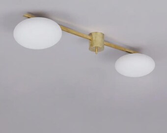 Mid Century 2 Light Flush Mount Ceiling Light | Modern Brass Stilnovo Style Light Globe Fixture