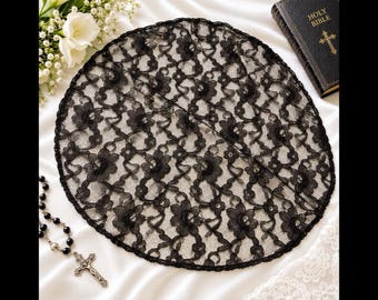 Vintage Black Floral Lace Catholic Chapel Veil Church Mantilla Head Covering
