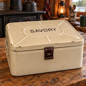 May include: A rectangular, cream-colored metal storage box with a hinged lid and a dark brown metal latch. The word SAVORY is printed in black capital letters on the top surface, which features a raised geometric panel design and distressed edges.
