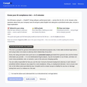 Op de afbeelding: Een digitale interface voor CompliAI met de kop Know your AI compliance risk — in 5 minutes. De pagina bevat secties voor aangepaste instellingen, privacy en duidelijke volgende stappen, naast een juridische disclaimer en navigatieknoppen.