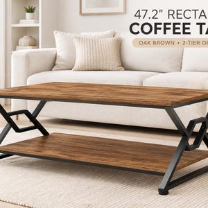 May include: A 47.2 inch rectangular coffee table with an oak brown wood grain finish and a two-tier open shelf design. The table features a black metal frame with geometric side supports. Text on the image reads 47.2 inch RECTANGLE COFFEE TABLE.