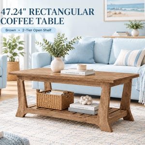 May include: A brown rectangular coffee table measuring 47.24 inches in length, featuring a two-tier open shelf design. The table has a solid wood-look finish with angled legs and a slatted lower shelf for storage, providing a stable surface.