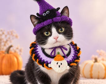 Handmade Halloween Pet Costume, Crochet Witch Hat , Ghost Neckwear for Dogs & Cats, Spooky Pet Photo Prop, Fall Puppy Outfit, Cute Pet Gift