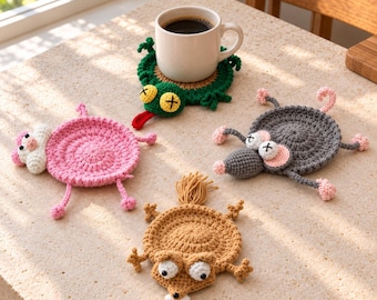 Funny Crochet Animal Coasters, Handmade Mug Rugs, Single or Mix-and-Match Set