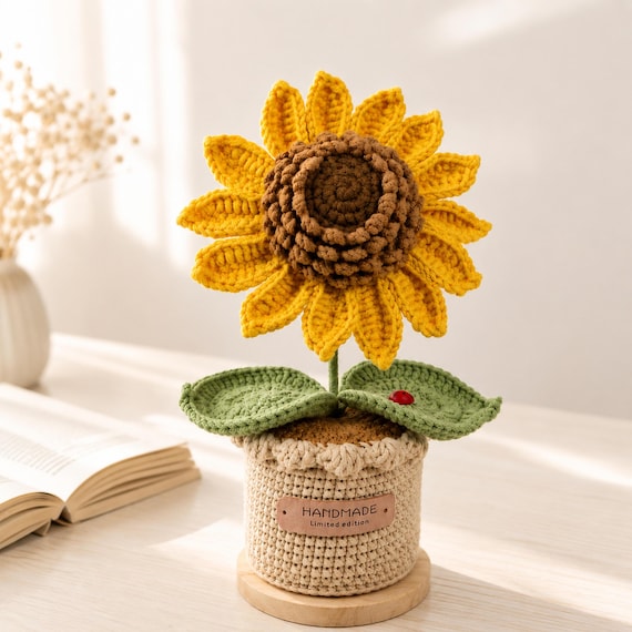 Crochet Sunflower in Pot, Handmade Yarn Flower, Mini and Large Plants, Birthday Gift, Teacher Appreciation Desk Decor