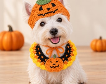 Handmade Halloween Pet Costume, Crochet Hat  Neckwear for Dogs & Cats, Pumpkin Pet Photo Prop, Fall Puppy Outfit, Cute Spooky Pet Gift