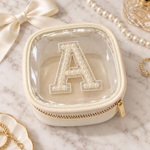 Personalized Clear Travel Jewelry Case, Pearl Rhinestone Initial, Bridesmaid Gift