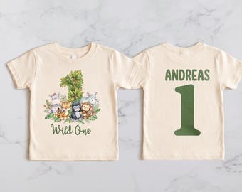 Custom Wild One Safari Birthday Shirt, Personalized Jungle Animals Front Back Name Age Toddler Tee, 1st Birthday Onesie