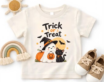 Cute Ghost Black Cat Trick Or Treat Halloween Shirt, Pumpkin Witch Hat Toddler Tee, Spooky Season Kids Youth Sweate
