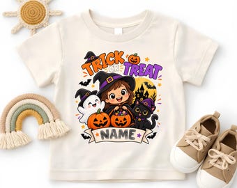 Custom Trick Or Treat Halloween Shirt, Personalized Witch Ghost Black Cat Toddler Tee, Pumpkin Name Kids Youth Sweater