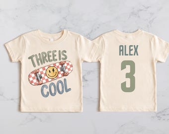 Custom 3rd Birthday Skateboard Shirt, Personalized Three Is Cool Toddler Tee, Skater Boy Front Back Name Age Youth Shirt