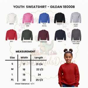 K&ouml;nnte beinhalten: Eine Gildan 18000B Jugend-Sweatshirt-Farbkarte mit zehn Optionen: Wei&szlig;, Safety Pink, True Royal, Schwarz, Sportgrau, Rot, Waldgr&uuml;n, Kastanienbraun, Marineblau und Dunkelgrau meliert, inklusive einer Gr&ouml;&szlig;entabelle in Zoll und einem roten Sweatshirt.