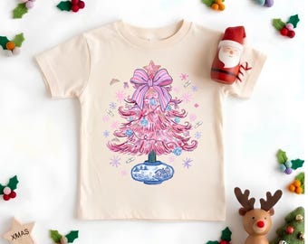 Pink Coquette Christmas Tree Shirt, Grandmillennial Chinoiserie Pink Xmas Tree Toddler Tee, Preppy Kids Youth Sweater