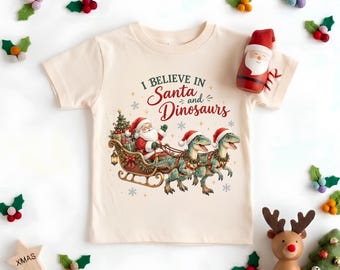 I Believe In Santa And Dinosaurs Shirt, Dinosaur Sleigh Christmas Toddler Tee, Funny Christmas Dino Youth Sweatshirt