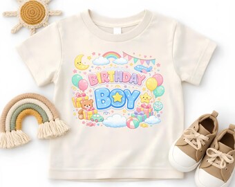 Cute Birthday Boy Shirt, Pastel Teddy Bear Airplane Rainbow Toddler Tee, Whimsical Birthday Party Kids Youth Sweatshirt