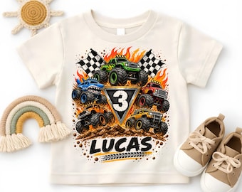 Personalized Monster Truck 3rd Birthday Shirt, Custom Name Boys Birthday Tee, Monster Truck Birthday Outfit, Third Birthday Toddler Shirt