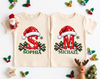 Custom Christmas Initial Monogram Shirt, Santa Hat Alphabet Name Toddler Sweater, Personalized Holiday Name Youth Shirt