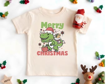 Merry Christmas Dinosaur Shirt, Cute T-Rex Christmas Lights Toddler Tee, Santa Hat Dino Kids Youth Sweatshirt