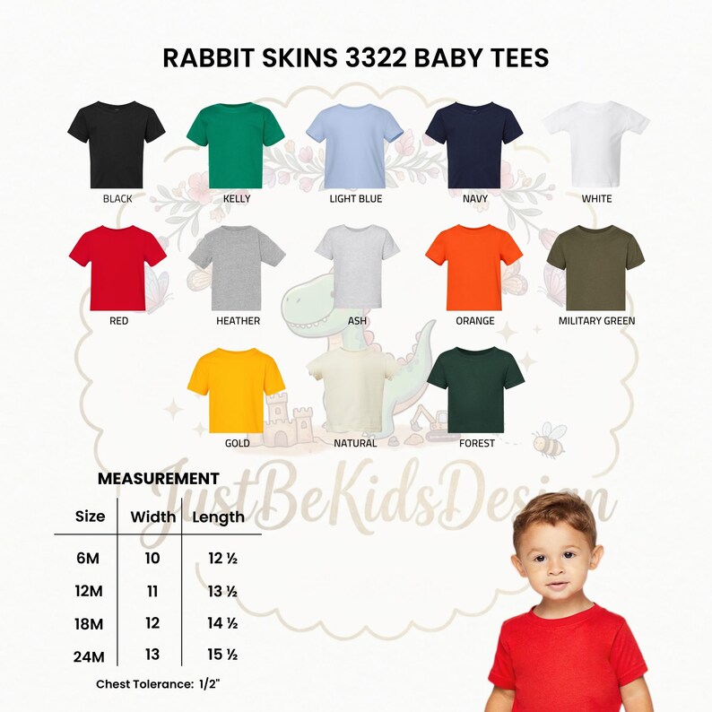 K&ouml;nnte beinhalten: Eine Farbkarte f&uuml;r Rabbit Skins 3322 Baby-T-Shirts mit dreizehn einfarbigen Optionen, darunter Schwarz, Kelly, Hellblau, Marine, Wei&szlig;, Rot, Heather, Asche, Orange, Milit&auml;rgr&uuml;n, Gold, Natur und Wald, sowie eine Tabelle mit Gr&ouml;&szlig;enangaben.