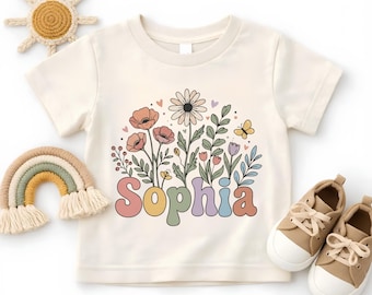 Custom Wildflower Name Shirt, Groovy Floral Toddler Sweatshirt, Personalized Daisy Poppy Kids Tee, Cute Floral Girl Outfit