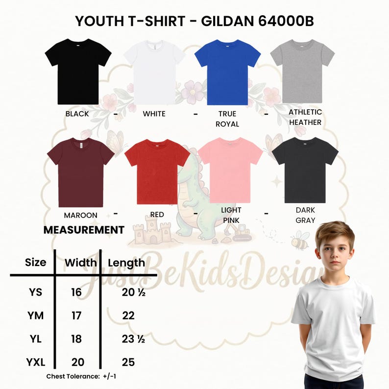 K&ouml;nnte beinhalten: Eine Gildan 64000B Jugend-T-Shirt-Farbkarte mit acht einfarbigen Modellen: Schwarz, Wei&szlig;, True Royal, Athletic Heather, Kastanienbraun, Rot, Hellrosa und Dunkelgrau. Eine Gr&ouml;&szlig;entabelle zeigt Breiten und L&auml;ngen in Zoll f&uuml;r die Gr&ouml;&szlig;en YS, YM, YL und YXL.