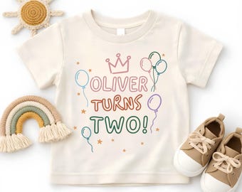 Custom Name Turns Two Birthday Shirt, Personalized 2nd Birthday Toddler Tee, Pastel Crown Balloons Birthday Kids Youth Sweatshirt