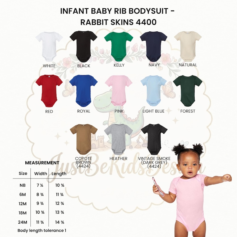 K&ouml;nnte beinhalten: Baby-Ripp-Body Rabbit Skins 4400 in Wei&szlig;, Schwarz, Kelly, Marine, Natur, Rot, Royal, Pink, Hellblau, Waldgr&uuml;n, Kojotenbraun, Heather und Vintage-Rauchgrau. Enth&auml;lt eine Gr&ouml;&szlig;entabelle mit Breiten- und L&auml;ngenma&szlig;en in Zoll.