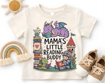 Mamas Little Reading Buddy Shirt, Cute Dragon Knight Books Toddler Tee, Storytime Book Lover Kids Youth Sweatshirt