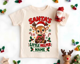 Custom Santas Little Helper Reindeer Shirt, Personalized Cute Reindeer Toddler Tee, Christmas Name Kids Youth Sweatshirt