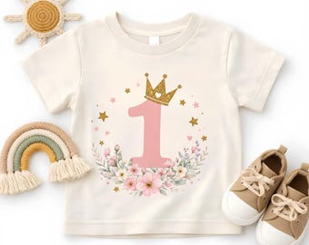 Floral Princess Crown Birthday Shirt, Watercolor Flower Age 1 2 3 4 Girl Toddler Tee, Gold Glitter Crown Kids Sweater