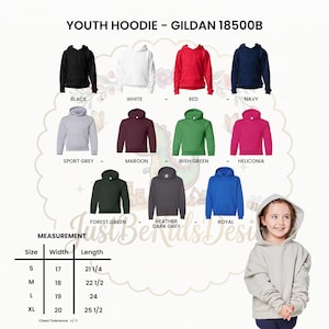 K&ouml;nnte beinhalten: Eine Gildan 18500B Jugend-Kapuzenpullover-Farbkarte mit elf einfarbigen Optionen, darunter Schwarz, Wei&szlig;, Rot, Marineblau, Sportgrau, Kastanienbraun, Irischgr&uuml;n, Heliconia, Waldgr&uuml;n, Dunkelgrau meliert und K&ouml;nigsblau, inklusive einer Gr&ouml;&szlig;entabelle.