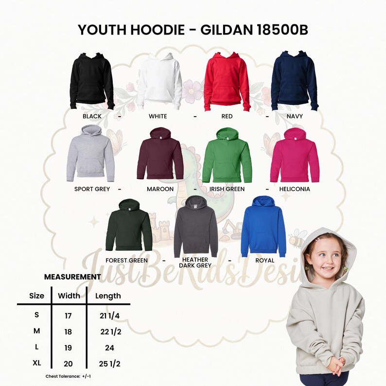 K&ouml;nnte beinhalten: Eine Gildan 18500B Jugend-Kapuzenpullover-Farbkarte mit elf einfarbigen Optionen, darunter Schwarz, Wei&szlig;, Rot, Marineblau, Sportgrau, Kastanienbraun, Irischgr&uuml;n, Heliconia, Waldgr&uuml;n, Dunkelgrau meliert und K&ouml;nigsblau, inklusive einer Gr&ouml;&szlig;entabelle.